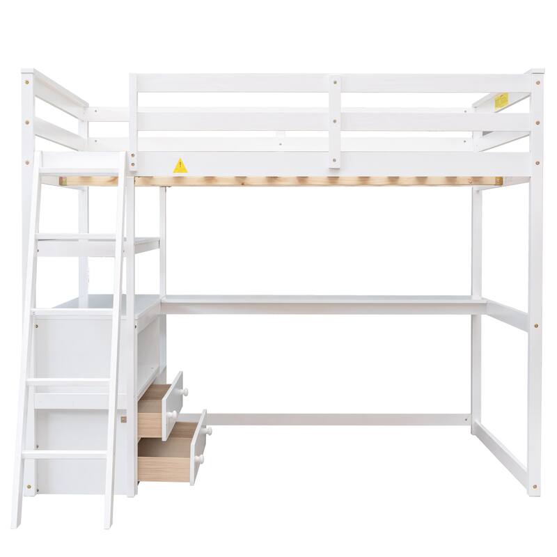 Twin/Full Size Wood Loft Bed w/Desk,Storage Shelves&2 Built-in Drawers