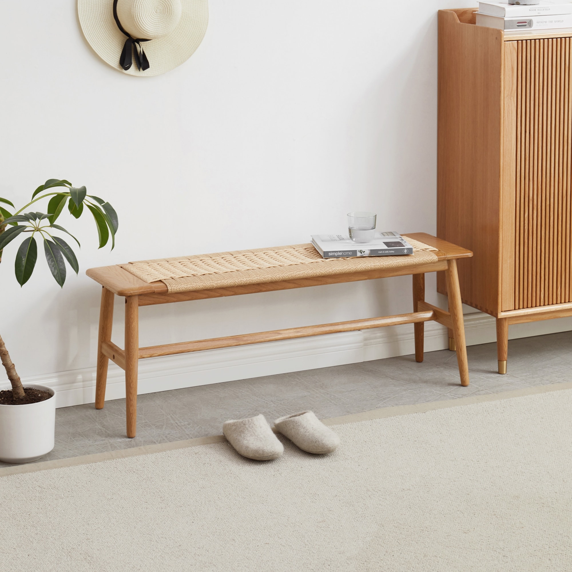 Oak Bedroom End of Bed Bench Leisure Stool with Rattan Decor, Simple Wooden Corridor Stool Dining Bench for Living Room