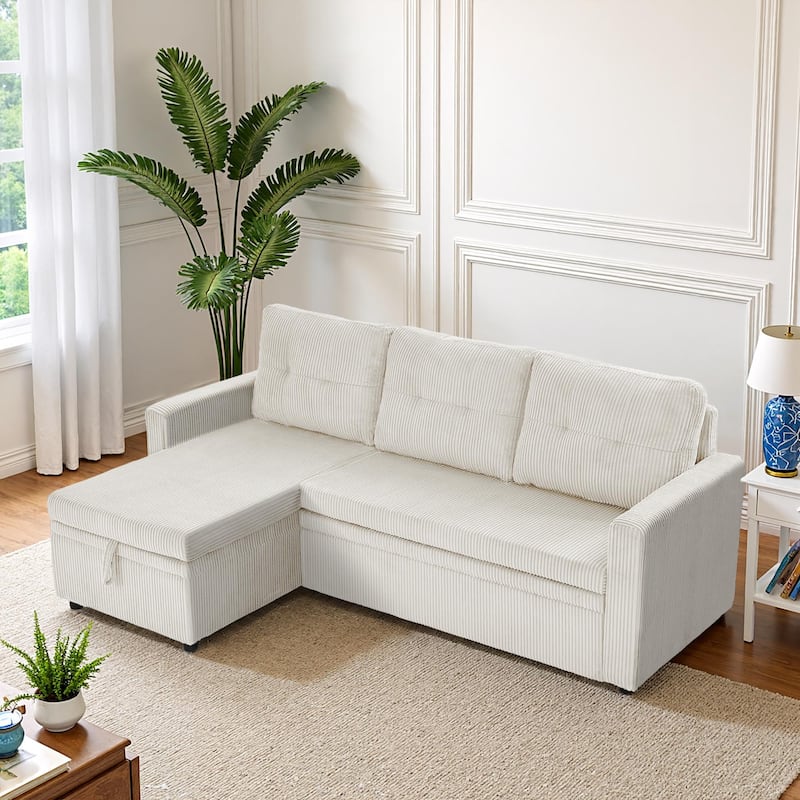 Tufted Convertible Corduroy/ Linen Modular Sectional Sofa with Storage Chaise - Corduroy-Beige
