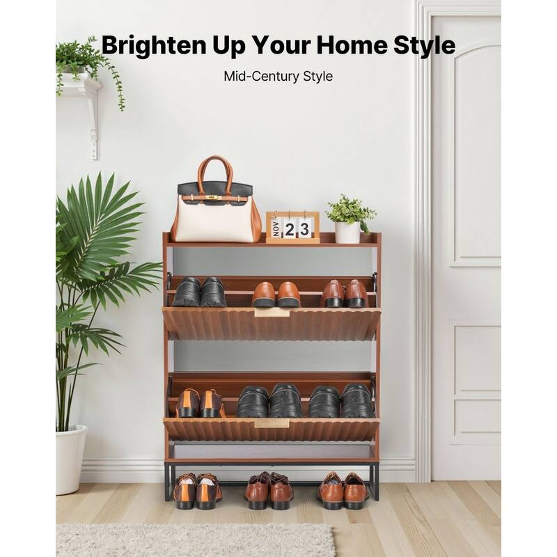 Walnut Shoe Storage Cabinet with 2 Flip Drawers and Adjustable Shelves for Hallway or Entryway - 31.5 x 9.45 x 39.37 in