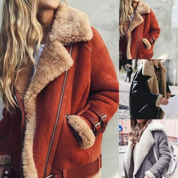 Shop Winter Suede Faux Fur Lapel Buckle Strap Long Sleeve Women