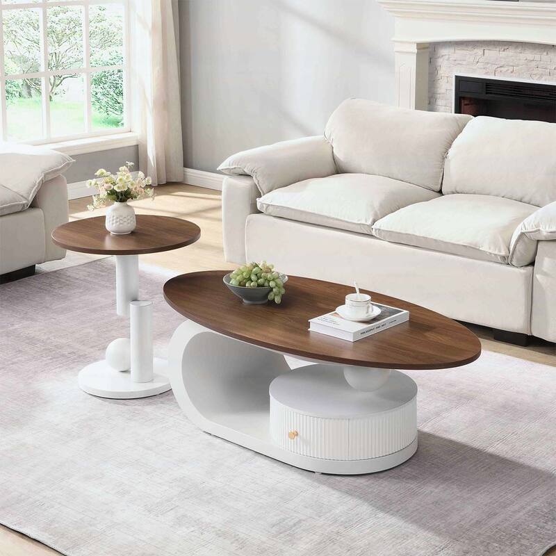 Nesting Coffee Table Set of 2,Elegant and Functional with Storage for Modern Living Rooms,Oval and Round Design - Antique Brown+White