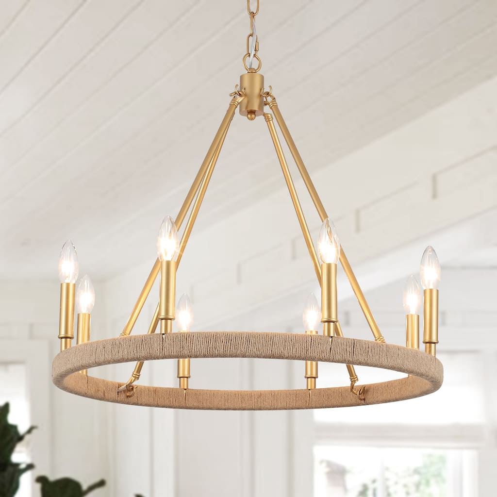 8-Light Rustic Hemp Rope Wagon Wheel Chandelier, Classic Farmhouse Chandelier for Dining Living Room - W23.62"x H20.47"