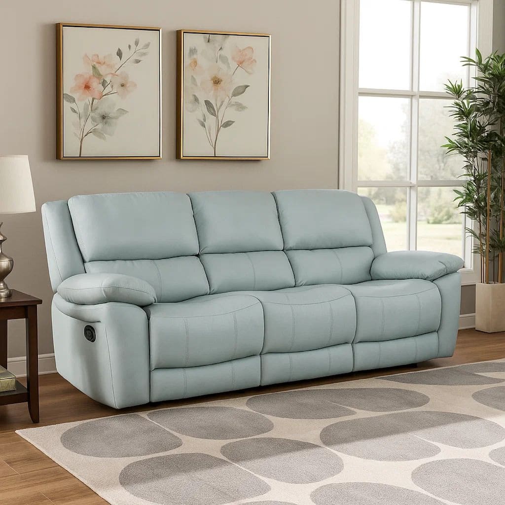 Larus Sofa, Manual Reclining Mechanism, Blue Faux Leather, 82 Inch