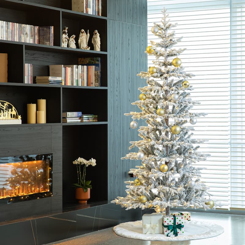Glitzhome 8FT/10FT Pre-Lit Flocked Fir Artificial Christmas Tree with Warm White Lights