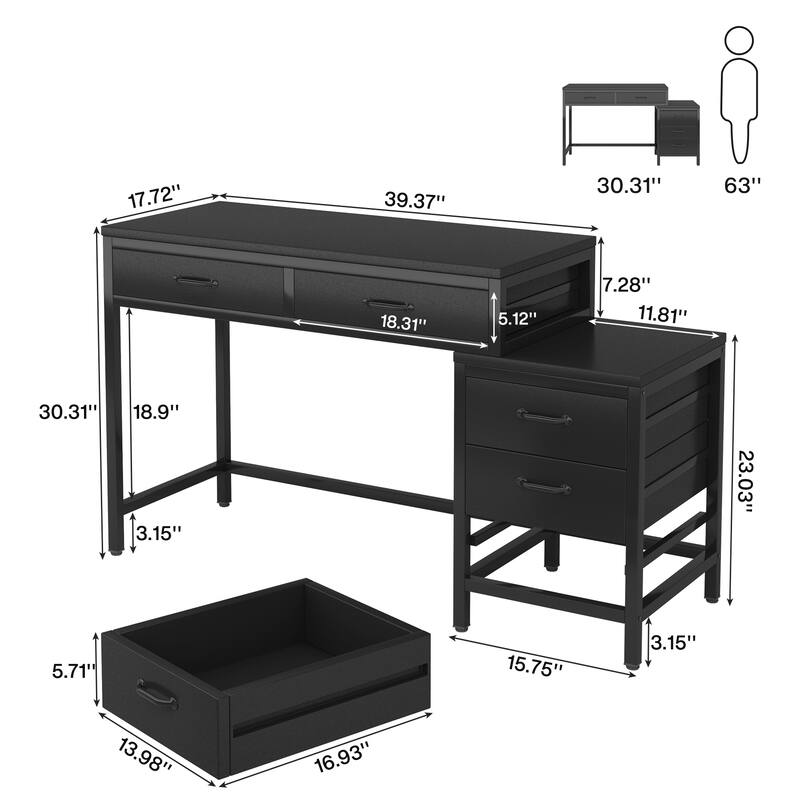 Modern Computer Desk with 5 Drawers, Home Office Desks with Reversible Drawer Cabinet Printer Stand
