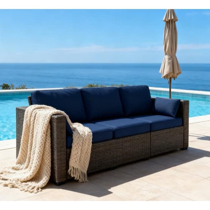 GDFStudio Outdoor Marcellus Galvanized Steel PE Rattan 3-Seat Outdoor Sofa with Cushions