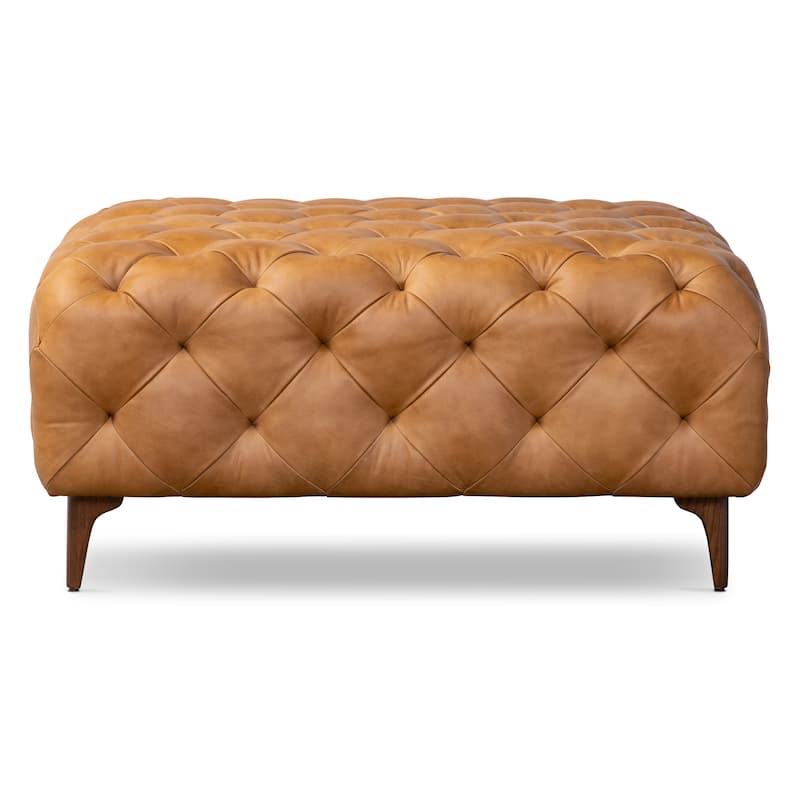 Poly & Bark Turin Ottoman in Cognac Tan with Wood Legs - Full Grain Genuine Italian Leather - Cognac Tan - Medium