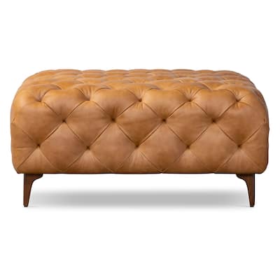 Poly & Bark Turin Ottoman in Cognac Tan with Wood Legs - Full Grain Genuine Italian Leather