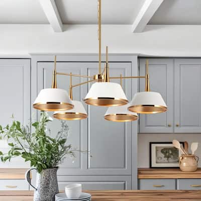 Mid-Century Modern 5-Light Wheel Chandelier Gold White Lights for Dining Room