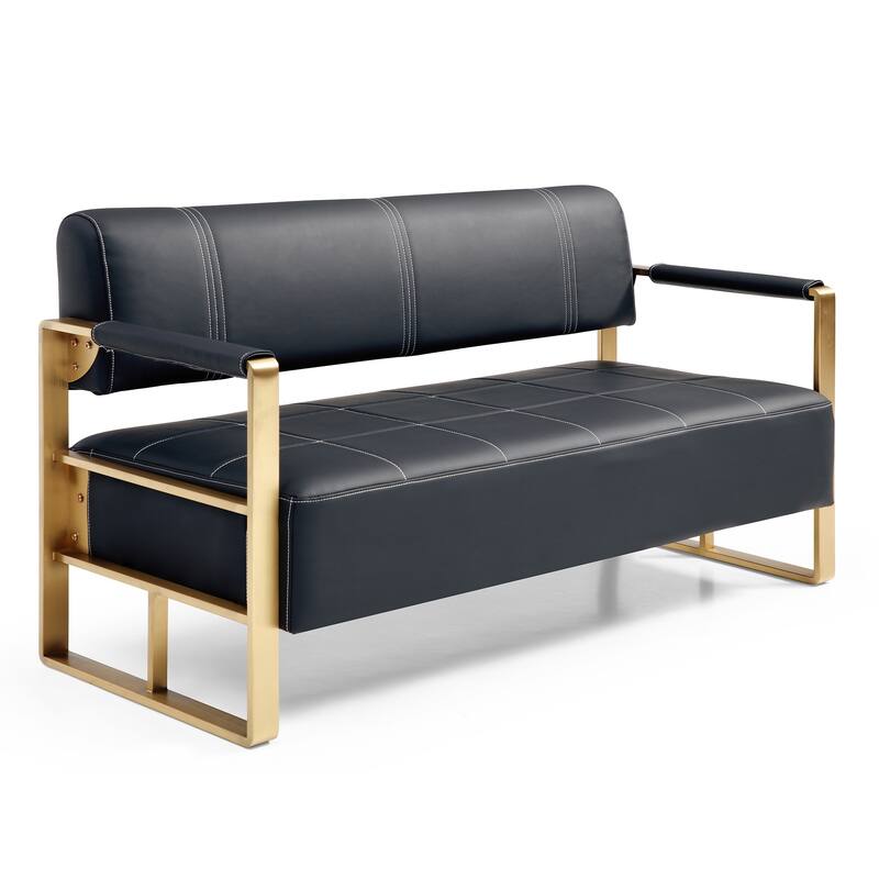 57.9" Living Room Upholstered Loveseat Sofa, Black Faux Bonded Leather Love Seats with Golden Metal Arms for Small Space - Black