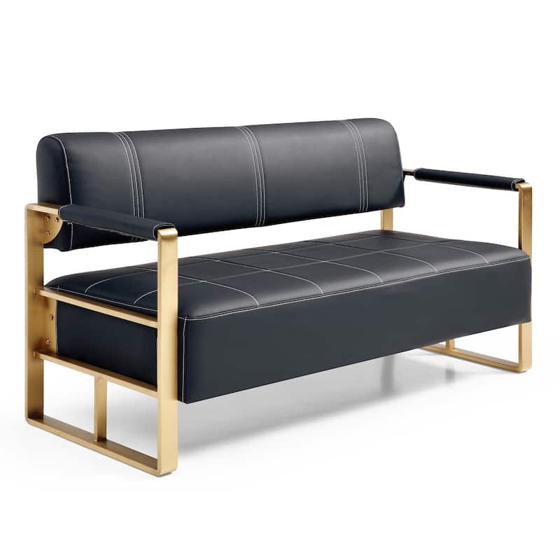 Upholstery Faux Bonded Leather Loveseat Sofa with Golden Metal Arms