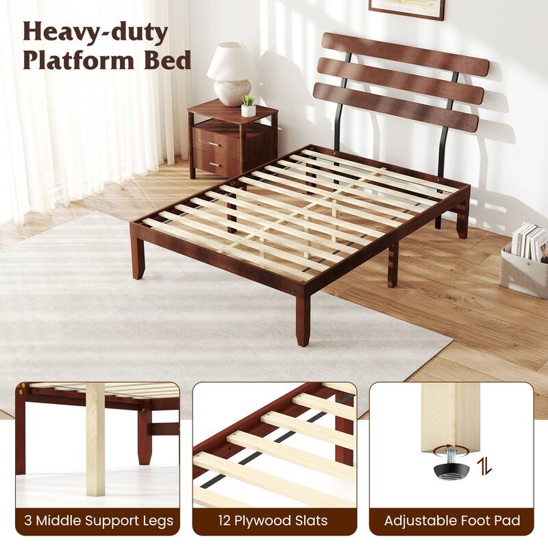 Walnut Solid Rubber Wood Platform Bed with Retro Headboard and Slatted Mattress Base - Multi