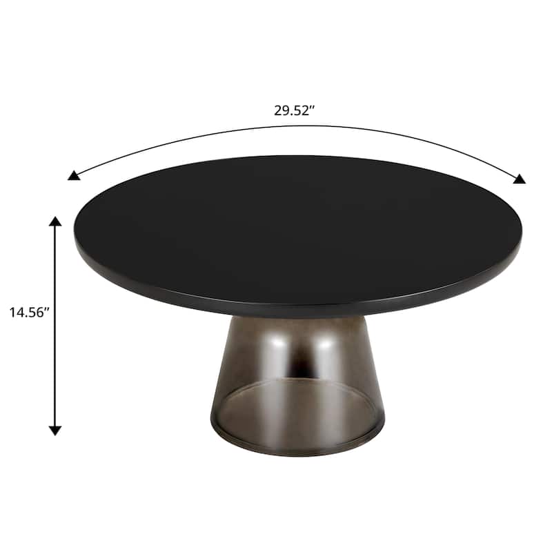30-Inch Round Coffee Table Glass/Stone Tabletop with Black Iron Rim Frame Glass Pedestal Base
