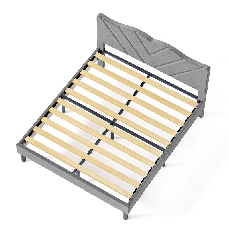 Queen Size Upholstered Bed Frame with Wooden Slats, Padded Headboard, Heavy-Duty Support, No Box Spring Required