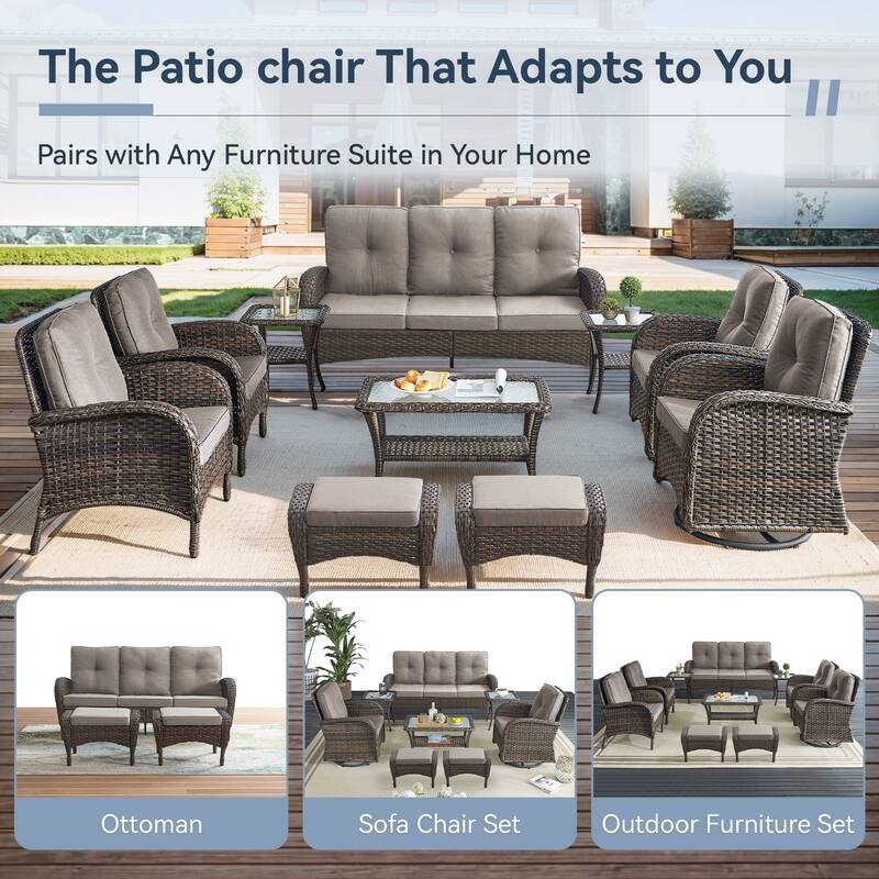 Gymojoy Versatile Outdoor Wicker Ottomans with Soft Cushions