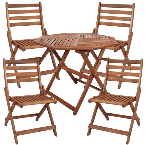 Sunnydaze 5-Piece Meranti Wood Octagon Dining Table with Folding Chairs