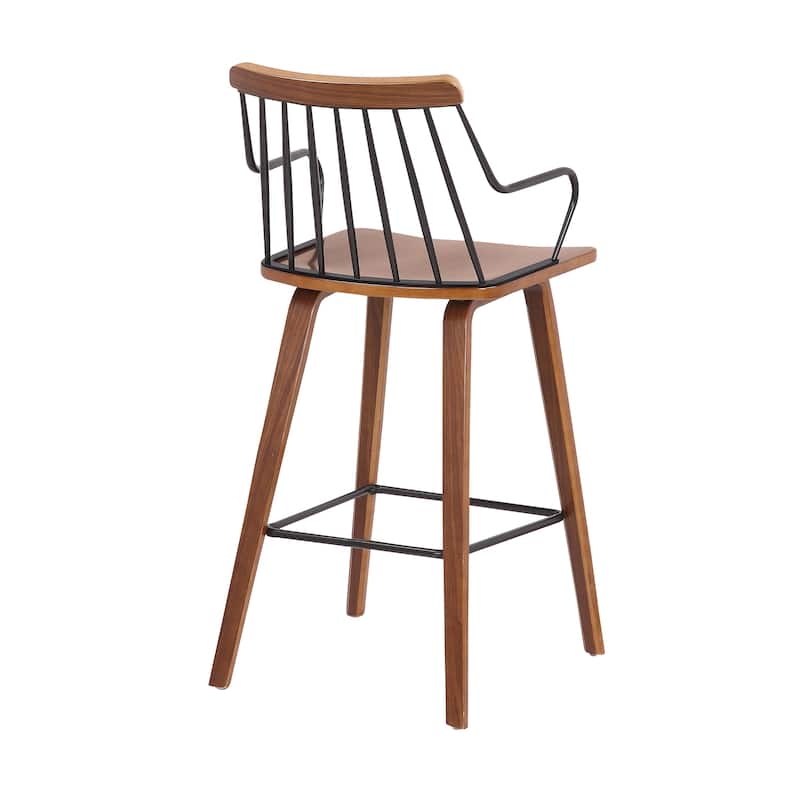 Micah 26" Walnut Wood and Black Metal Farmhouse Counter Stool with Arms