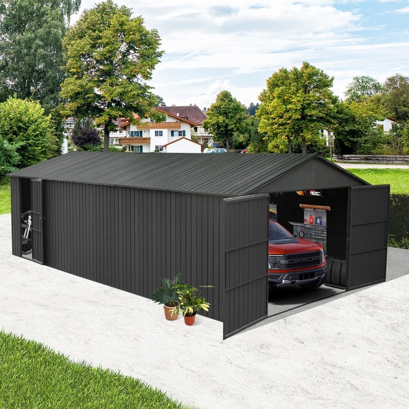 Domi 12x15FT Outdoor Metal Garage Shed,Extra Large Metal Carport with Lockable Double Doors,Heavy Duty Car Shelter,Dark Grey