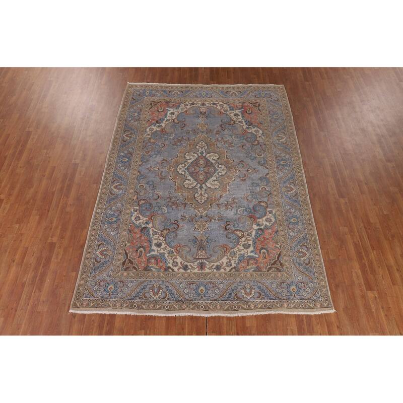 Blue Distressed Tabriz Persian Vintage Rug Hand-Knotted Wool Carpet - 7'4" x 10'3"