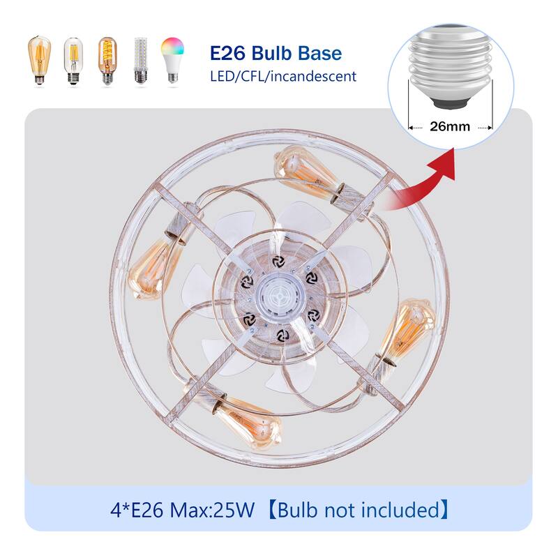 20" Caged Ceiling Fans with Lights,Bladeless Ceiling Fan 6 Speed Reversible with Remote Control,Flush Mount Caged Ceiling Fan