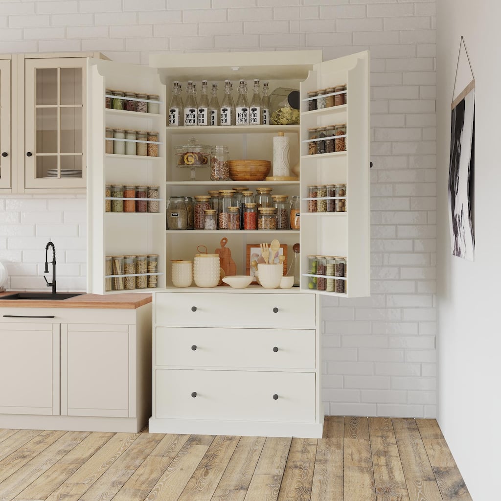77" Farmhouse Pantry Cabinet - Tall Freestanding Storage with 3 Drawers & 11 Adjustable Shelves (8 Door + 3 Main) for Kitchen
