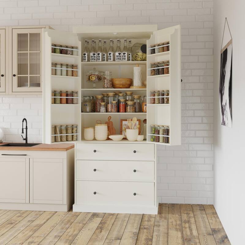 Kitchen Pantry Cabinet with 8 Doors Shelves, Wood Storage Cabinet with 3 Storage Drawers, Cupboard with Adjustable Shelves - Cream