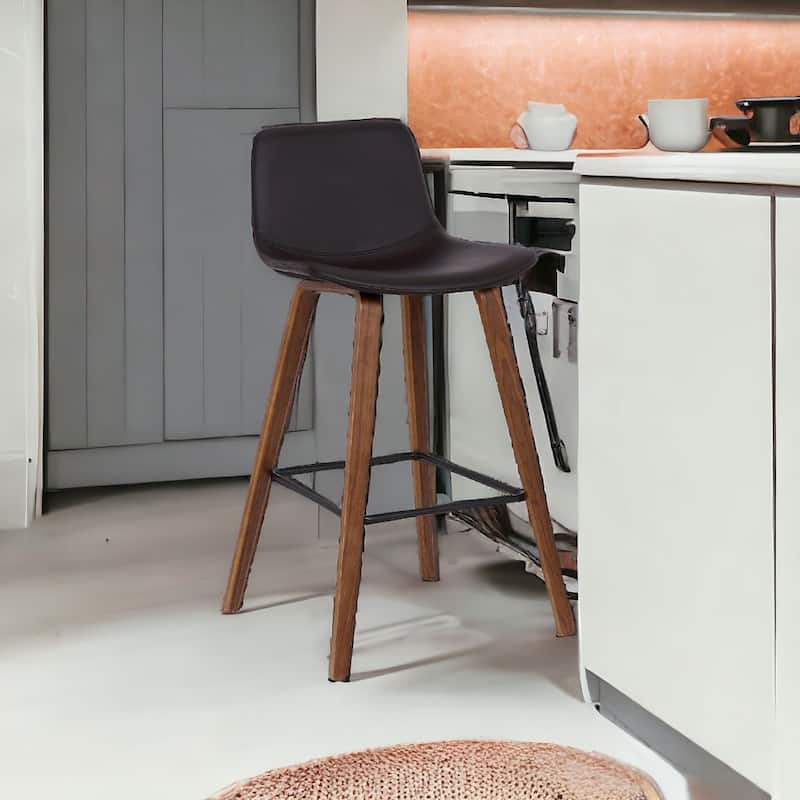 Brown Faux Leather Counter Height Bar Chair with Walnut Wood Frame and Footrest - 19.5” x 18” x 35” (D x W x H)