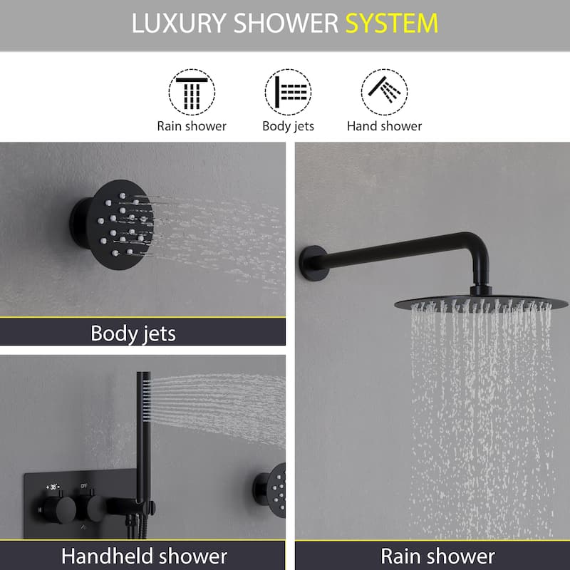 Thermostatic Shower System with 10" Ultra-Thin Round Shower Head,Body Jets And Hand Shower