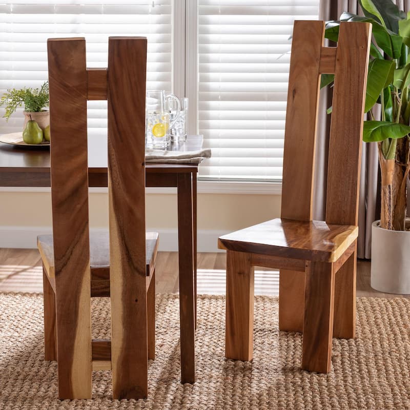 Lin Suar Wood Dining Chair Set of 2 - Handcrafted Solid Wood Chair with Natural Grain Pattern, Rustic Modern Accent Seating