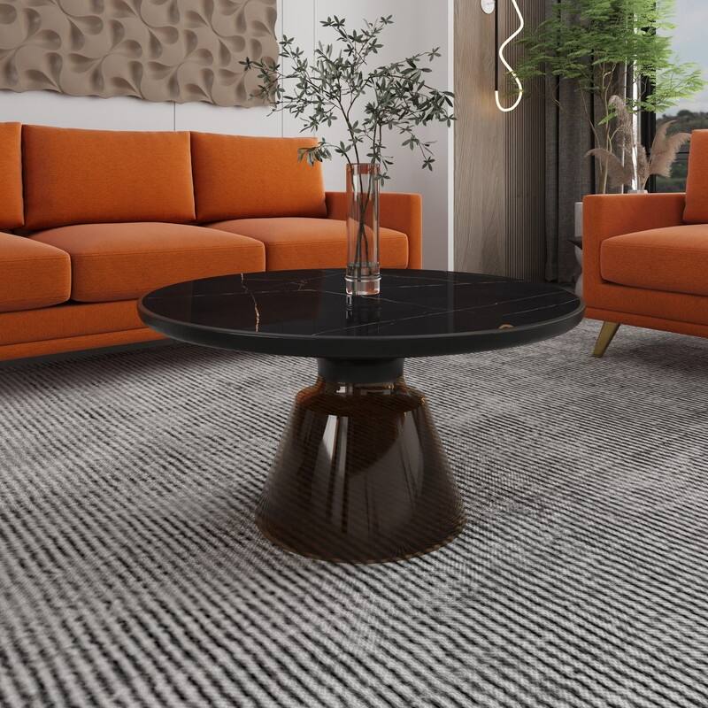 Tully Modern Round Coffee Table Glass/Stone Tabletop with Black Iron Rim Frame & Glass Pedestal Base for Living or Bed Room