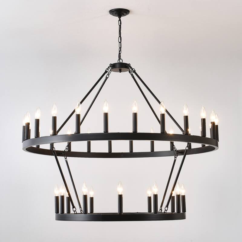 Farmhouse Industrial Style Ceiling Light, 2-Tier 36-Light Wagon Wheel Chandelier, for High-Ceilinged Living Rooms Dining Rooms