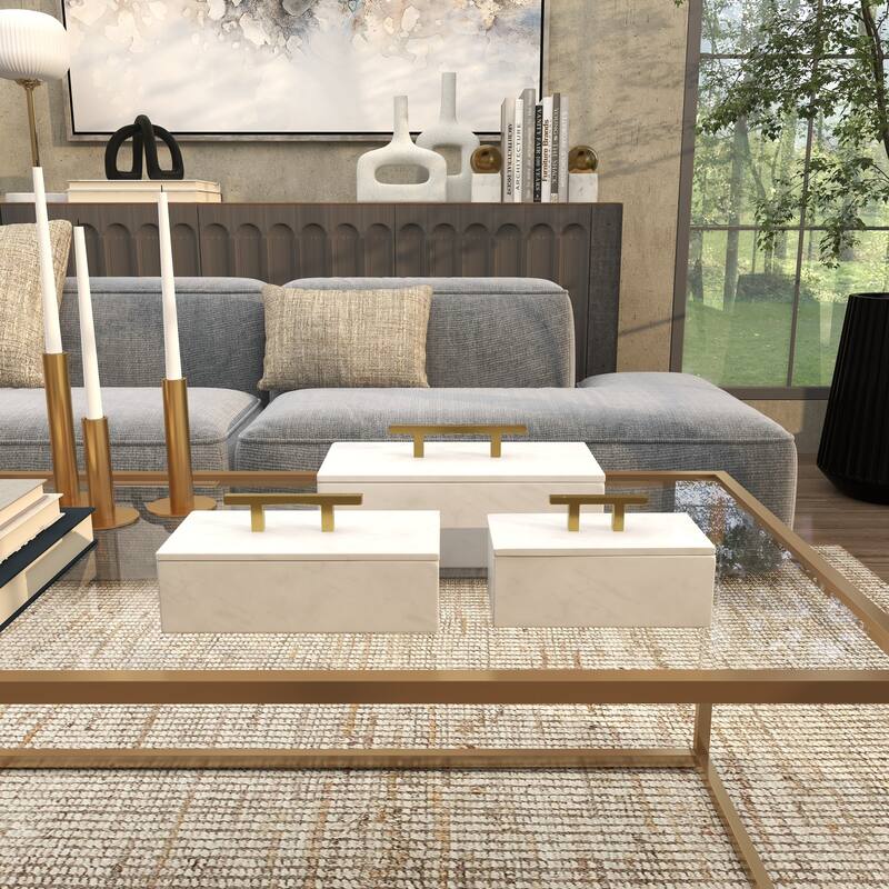 Black, Green or White Marble Box with Gold Handle (Set of 3) - S/3 12", 10", 8"W