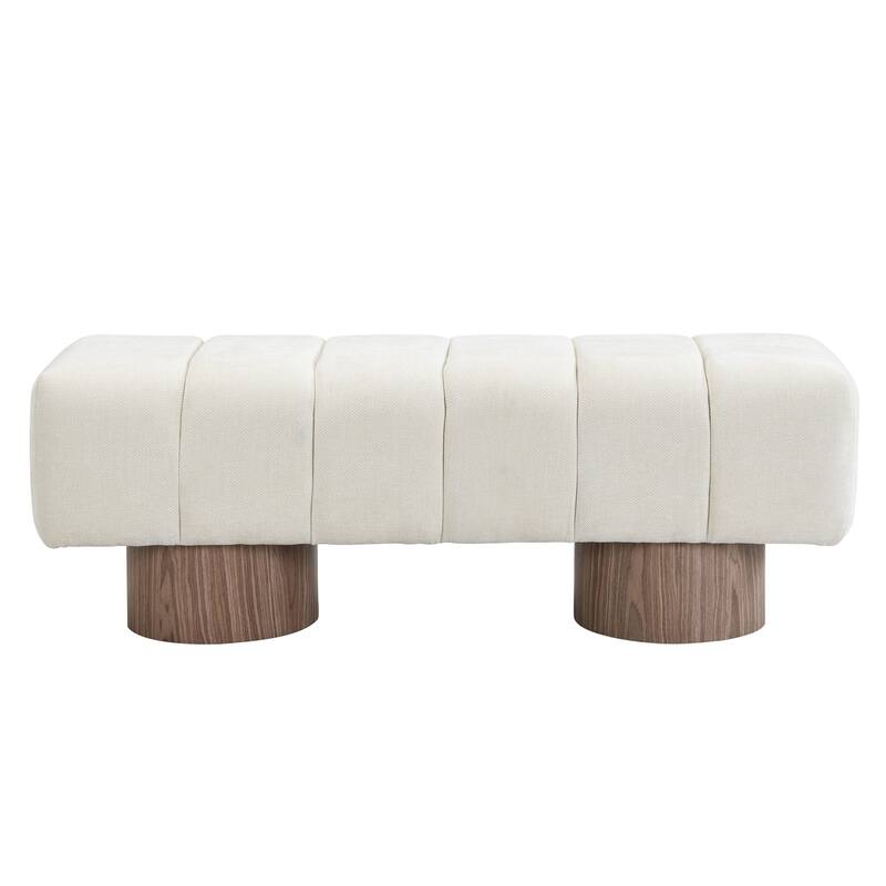 Upholstered Dining Bench with Chenille Fabric Stool Top Wood Leg for Bedroom Living Room