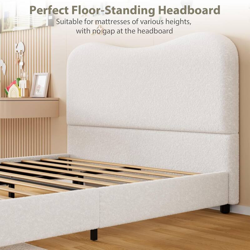 Upholstered Boucle Bed Frame with Headboard, No Box Spring Needed, White