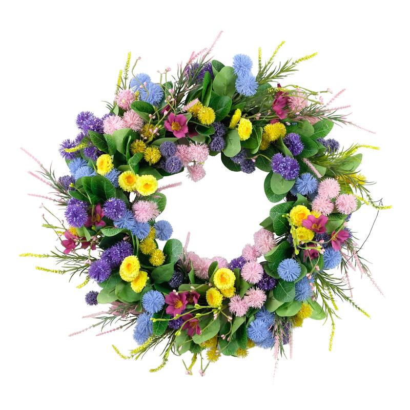 Echinops and Chrysanthemums Floral Artificial Spring Wreath - 24" - Yellow