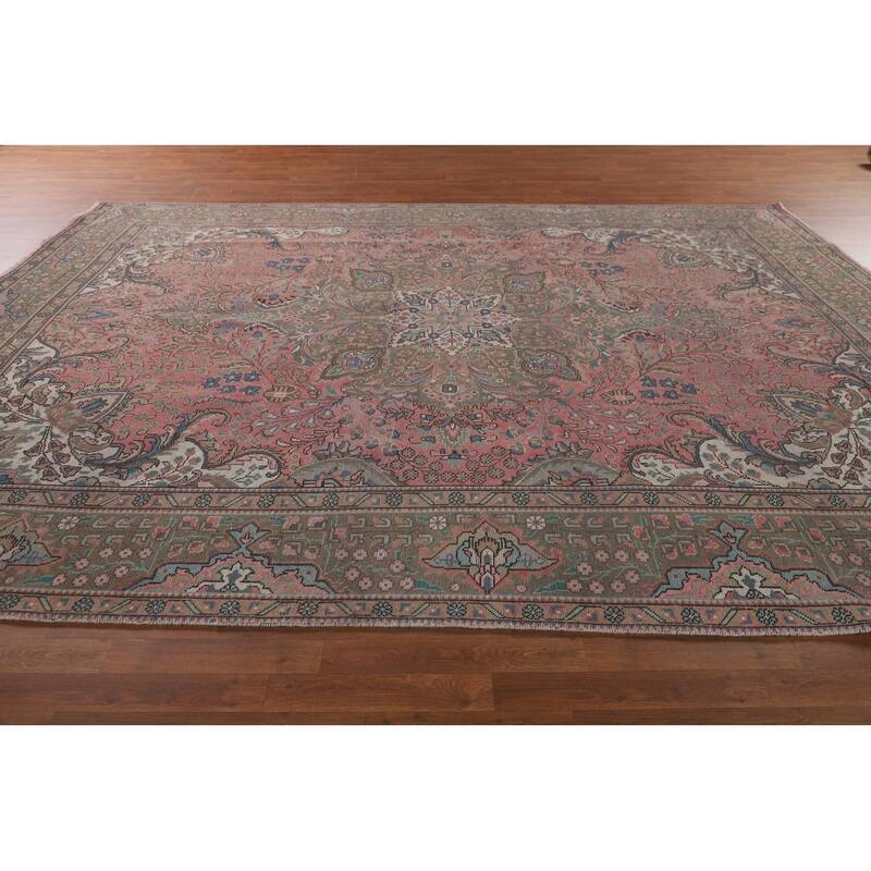 Pink Tabriz Persian Vintage Rug Hand-Knotted Wool Carpet - 9'7"x 12'11"