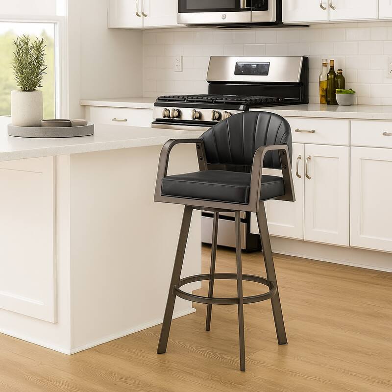 Marcy Swivel Barstool Chair, Iron Frame, Black Channel Tufted Faux Leather