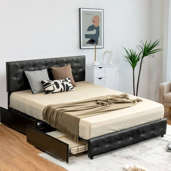 Black PU Leather Button Tufted Platform Bed with 4 Storage Drawers
