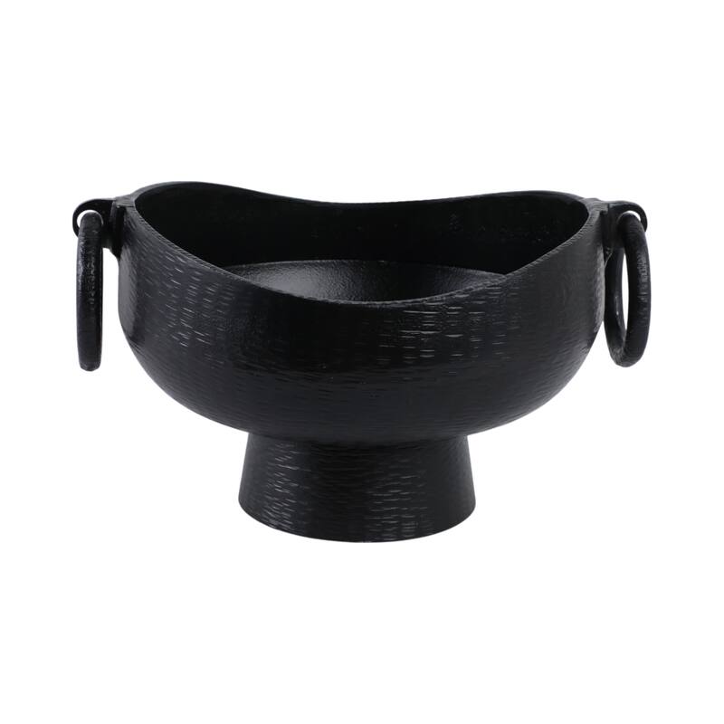 Sculptural Round Textured Decorative Bowl with Ring Handles - 9" Black - 16.0"