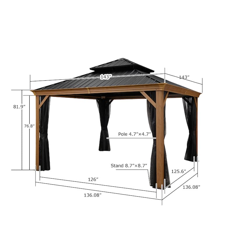 PURPLE LEAF Hardtop Gazebo Galvanized Steel Roof Gazebo Pergola Wooden Coated Alumninum Frame Wiht Mosquito Net and Light