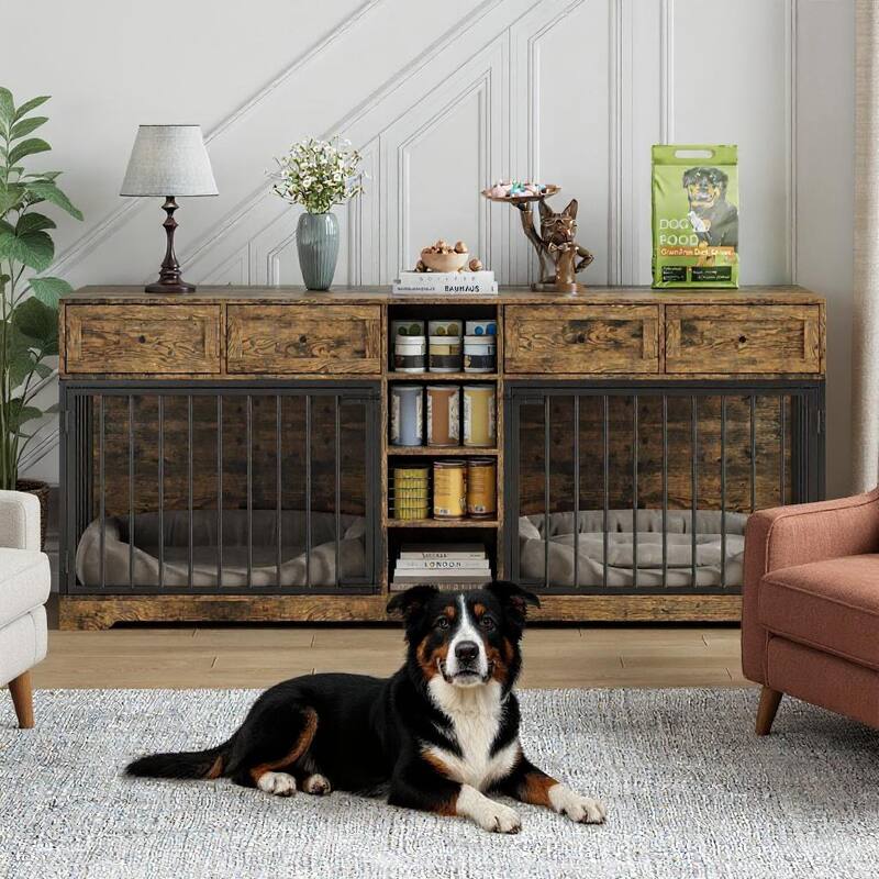 Large Dog Crate for 2 Dogs, with 4 Drawers and Shelves, 82" - Brown