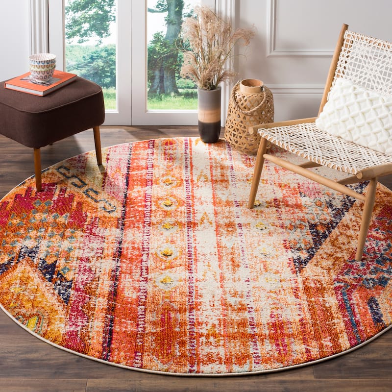 SAFAVIEH Monaco Lumturije Distressed Boho Rug - 6'7" x 6'7" Round - Orange/Multi