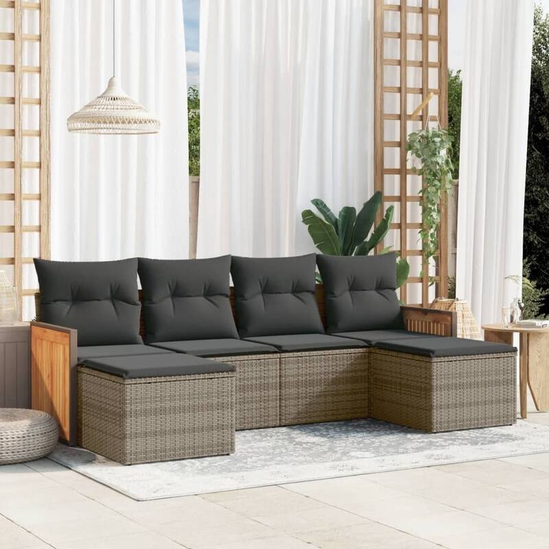 vidaXL Patio Sofa Set with Cushions Outdoor Conversation Furniture Poly Rattan - Grey - 24.4 x 23.2 x 27.2