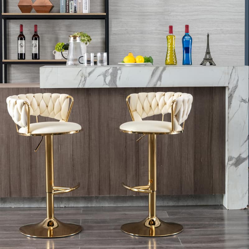 Set of 2 Swivel Height Adjustable Mechanical Lifting Bar Stools with Chrome Footrest and Base