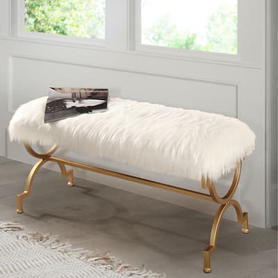 Abbyson Zoe White Faux Fur Iron Rectangle Bench
