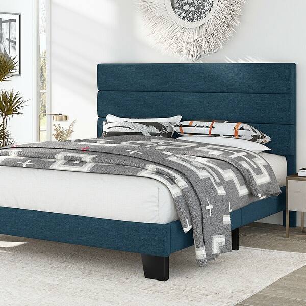 Queen Size Fabric Upholstered Platform Bed Frame with Headboard, Blue