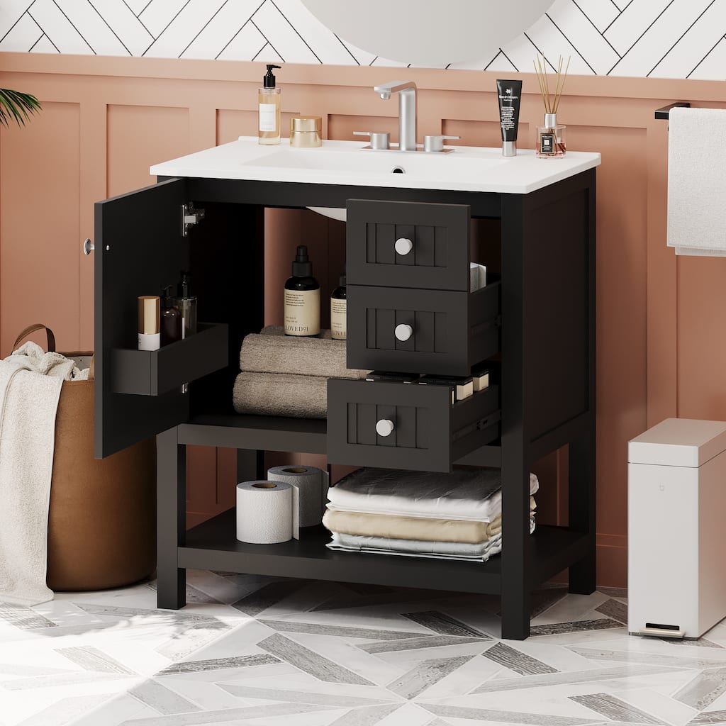 30" Transitional Bathroom Vanity with Ceramic Sink, Soft Close Doors, Storage Cabinet & Drawers