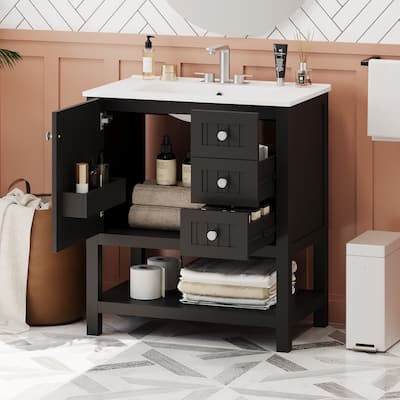 30"Transitional Style Bathroom Vanity Cabinet Combo with Ceramic Sink,Soft Close Door