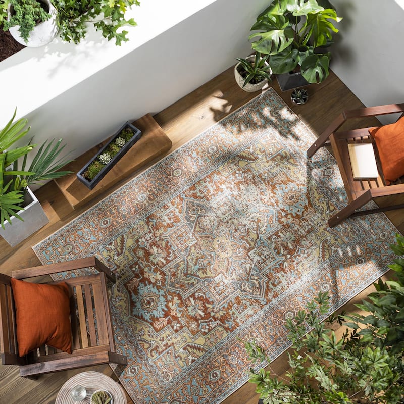 Livabliss Bodrum Updated Traditional Medallion Indoor / OutdoorArea Rug - 8'10" x 12' - Aqua / Rust